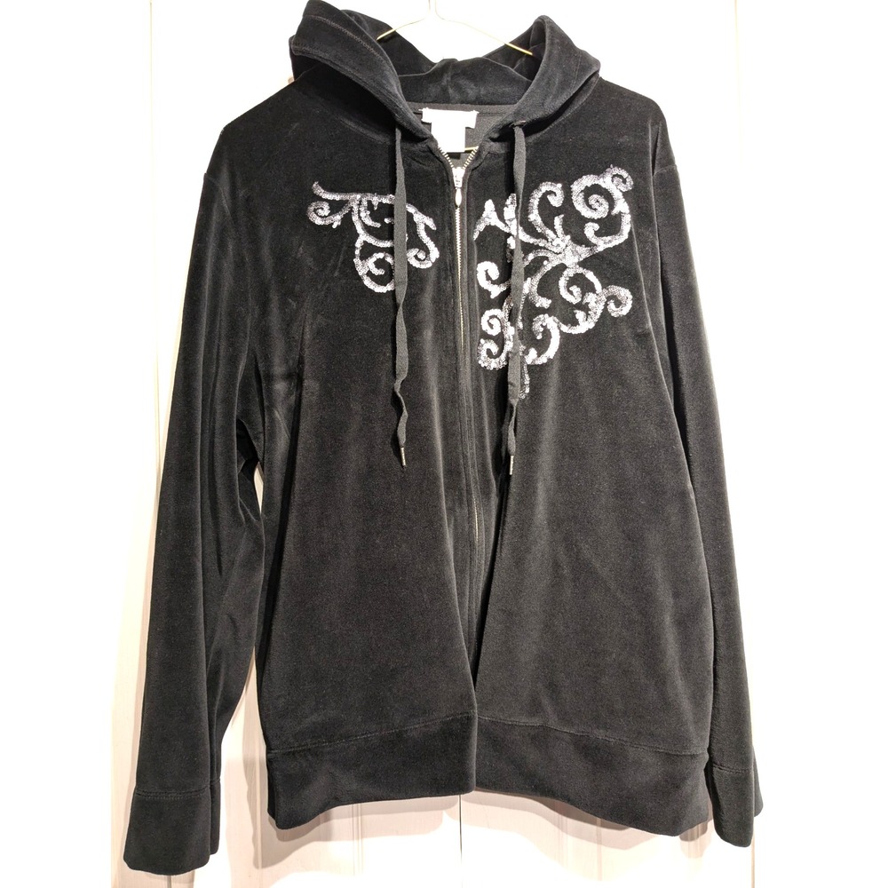 Kate Hill Woman Plus Sz: 1X Casual Hooded Sweatshirt Zip Up Velour Sequin Accent
